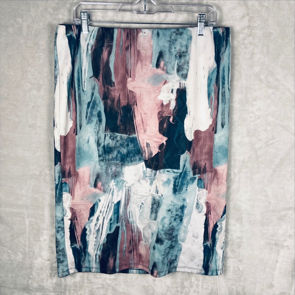 Mossimo Womens XXL Abstract Brushstroke Print Pencil Skirt Teal Pink Burgundy